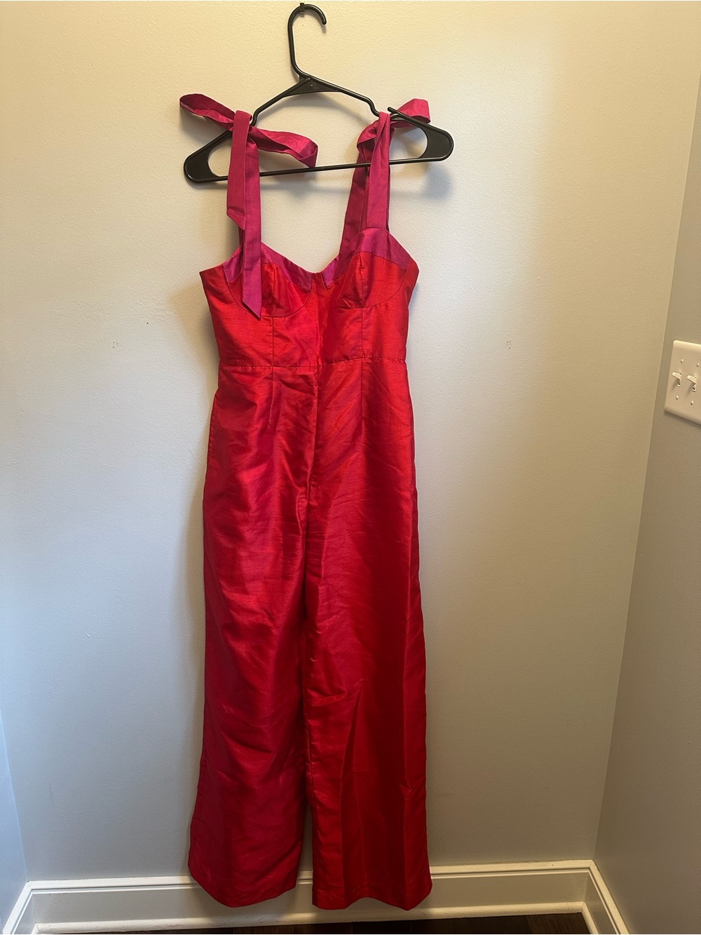 Anthropologie Two Tone Red Satin Wide-Leg Jumpsuit with Pink Tie Straps - Picture 6 of 8